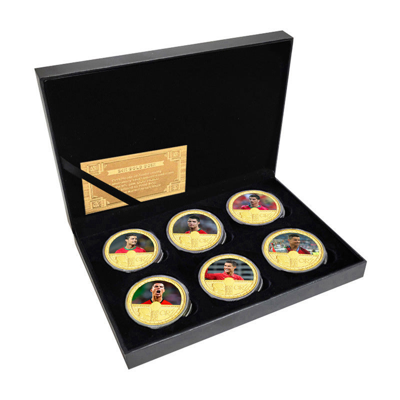 Cristiano Ronaldo / Football - 6 Gold Plated Coins With Display Box Cristiano Ronaldo / Football - 6 Gold Plated Coins With Display Box